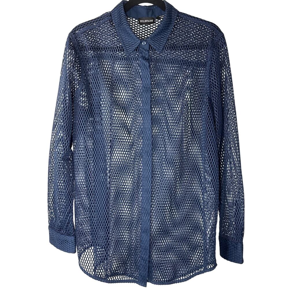 Wildfang Empower Mesh Button Up Shirt Large, Navy, Sheer, Long Sleeve, Unisex